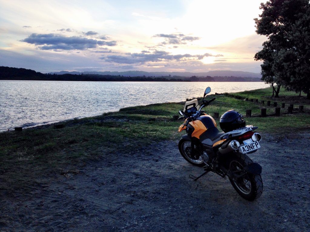 BMW G650GS motorcycle parked in a domain in eastern Ōhope Beach.