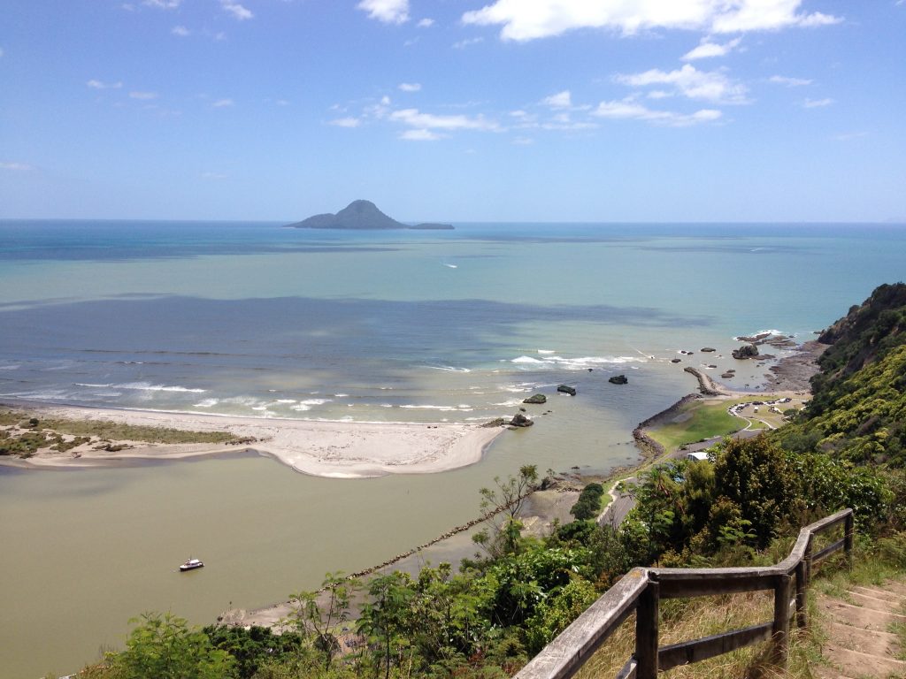 Whale Island and the Whakatāne River mouth, seen from the Ngā Tapuwae o Toi walking track.