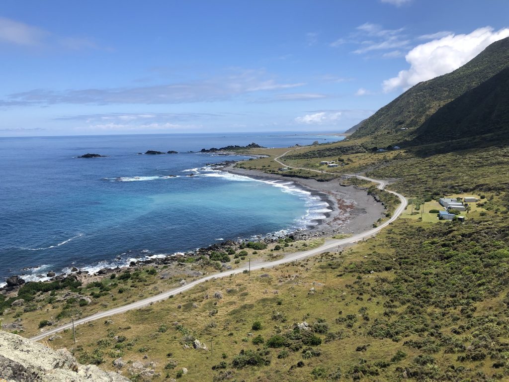 Gravel road leading to Cape Palliser, viewed from high above.