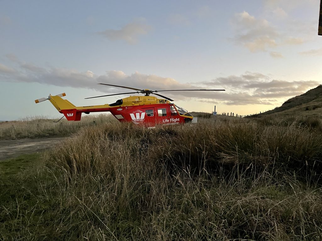 Westpac rescue helicopter at Whangaimoana Beach.