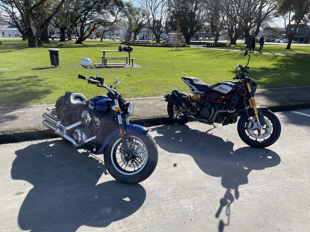 Indian Scout and FTR 1200 motorcycles in Martinborough.