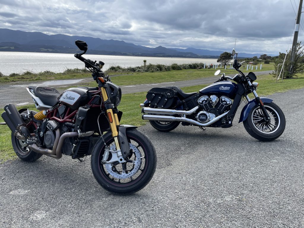 FTR 1200 and Indian Scout motorcycles at Lake Ferry.