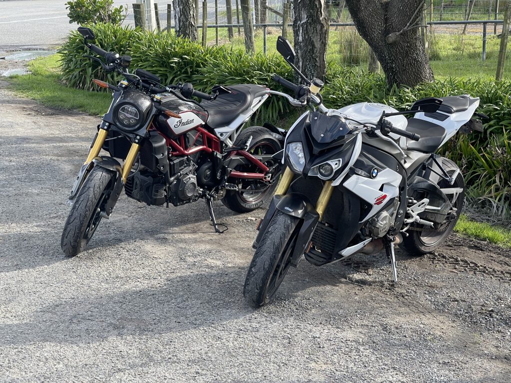 Indian FTR 1200 and BMW S1000R motorcycles.