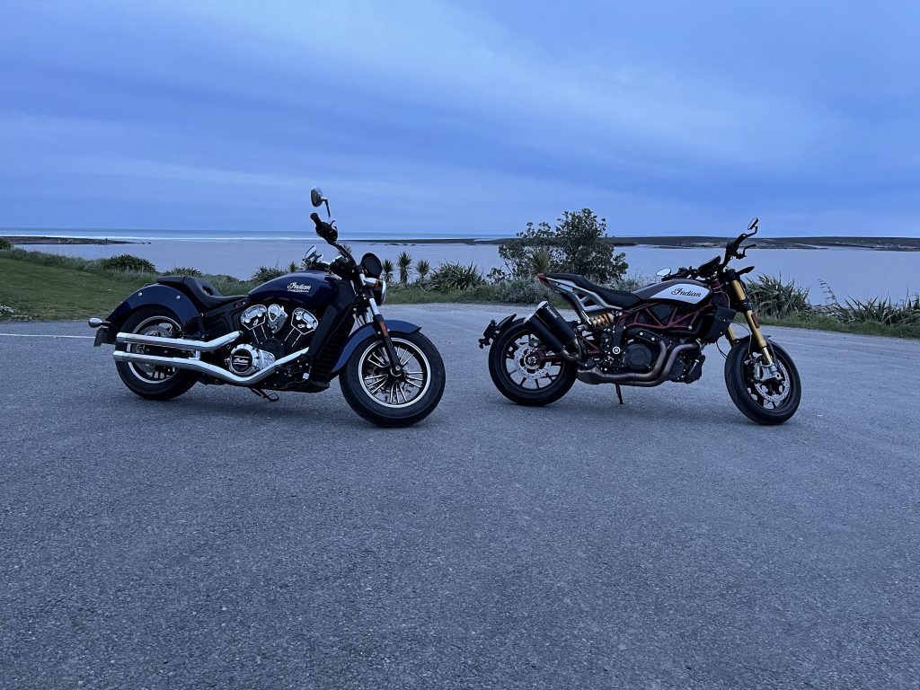 Indian Scout and Indian FTR 1200 motorcycles at Lake Ferry.