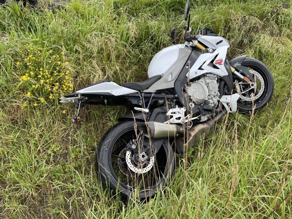 A wrecked BMW S1000R motorcycle.