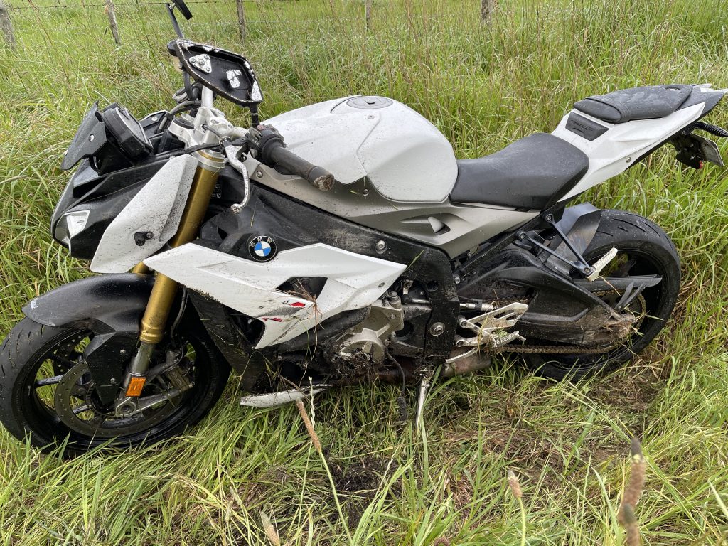 BMW S1000R, upright in a ditch.