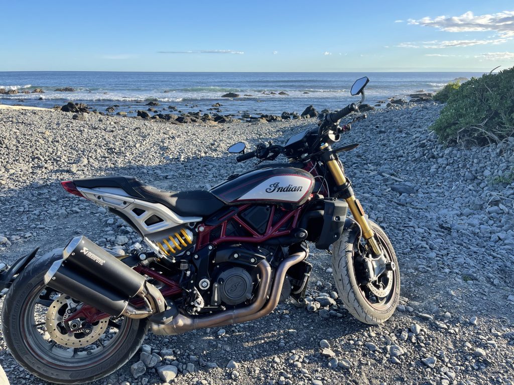 Indian FTR 1200 motorcycle parked at the beach at Cape Palliser.