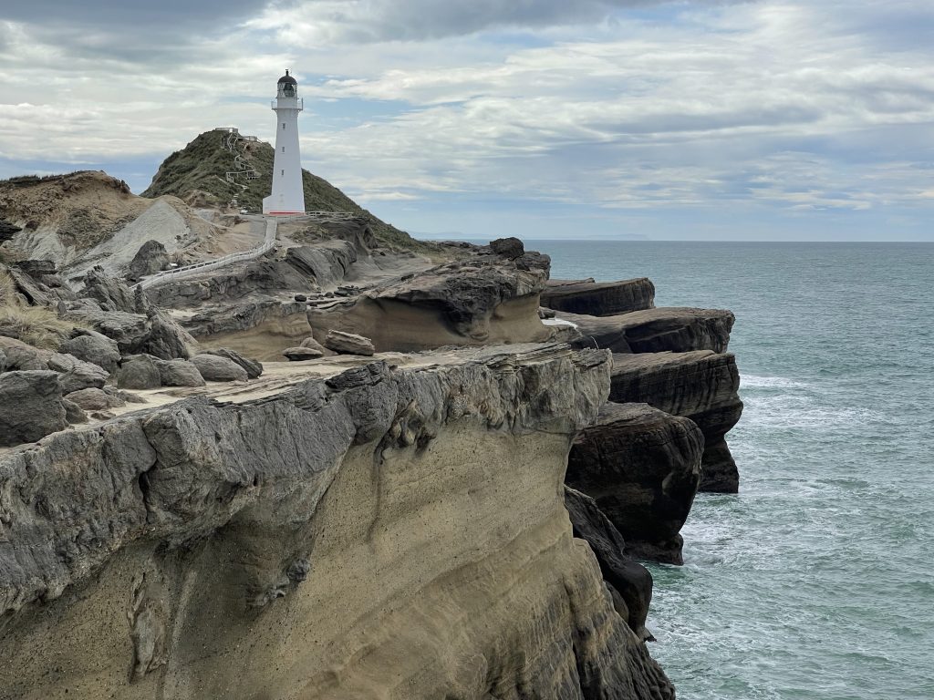 Medium range view of the lighthouse at Castle Point, facing northeast.