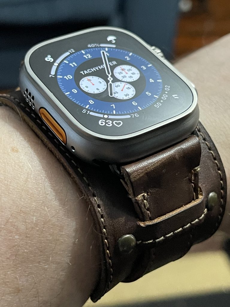 Apple Watch Ultra with leather café cuff band from Pad & Quill