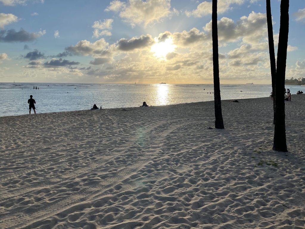 Waikiki Beach just before sunset.