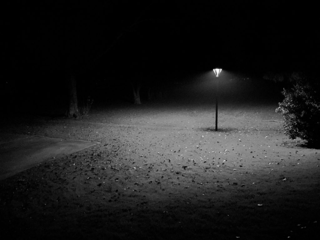 A street lamp illuminates an abandoned park.