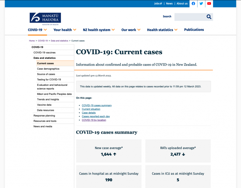 Screenshot of health.govt.nz COVID-19 case data page