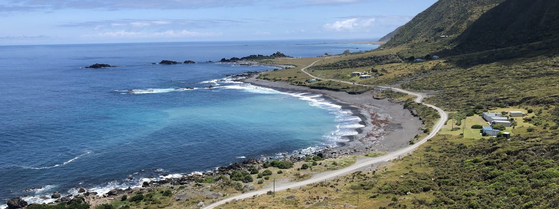 Gravel road leading to Cape Palliser, viewed from high above.